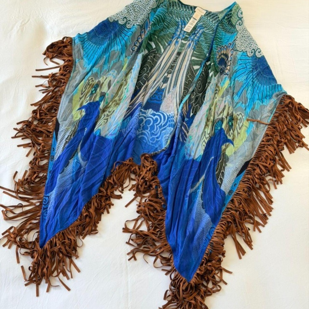 Chicos Silk Imperial Ruana Peacock Fringe Poncho Tunic Blue Teal Boho OS